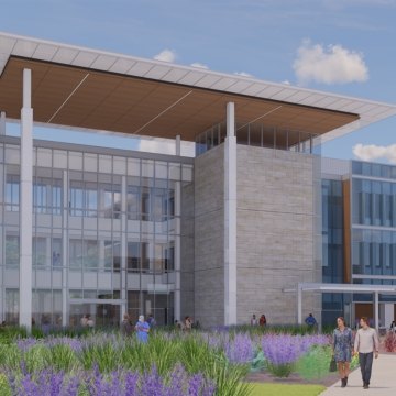 Exterior rendering of the main entryway to the hospital