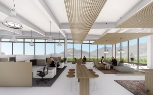 Interior rendering of an office space with cubicles and a common gathering space.