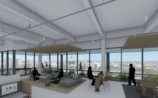 An interior rendering showing people in a collaborative area with couches and tables.