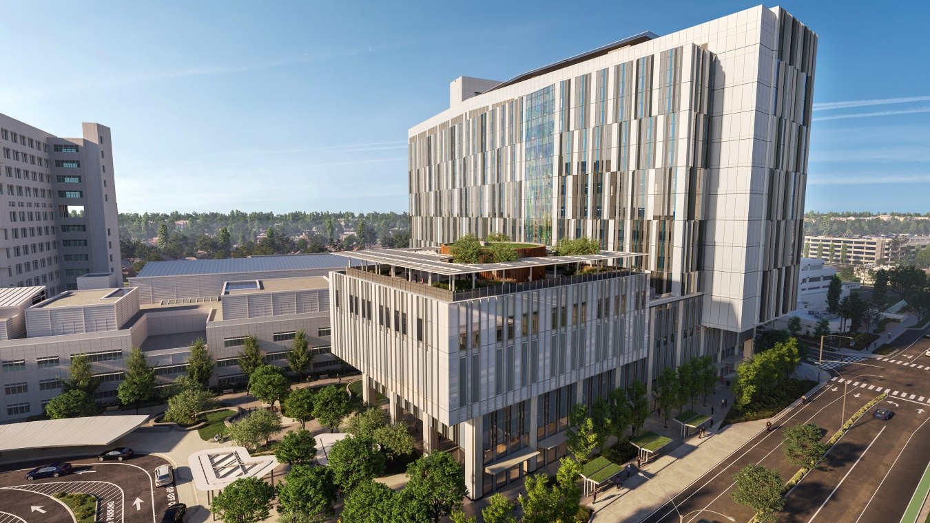 Exterior, aerial rendering of the hospital tower.