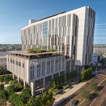 Exterior, aerial rendering of the hospital tower.